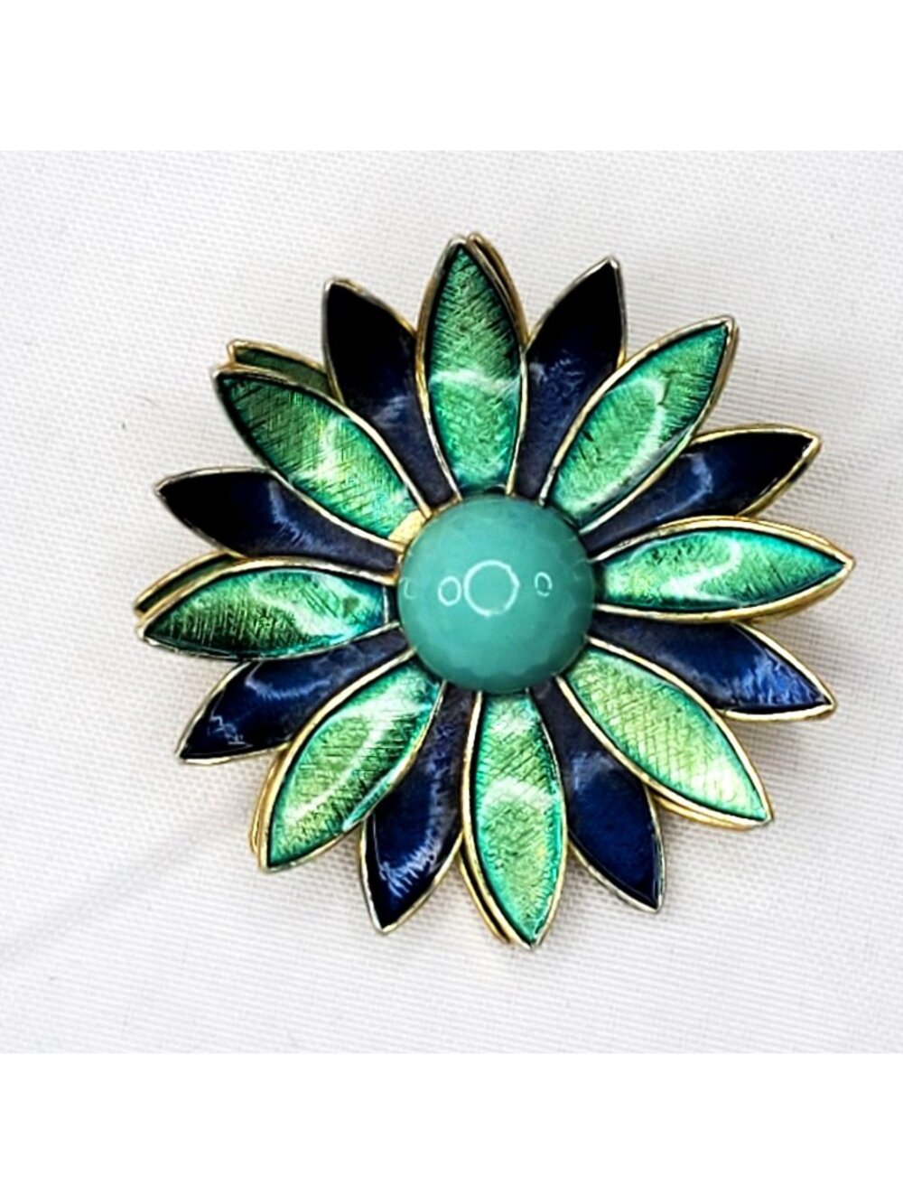 VTG Enameled Green & Blue Flower Brooch With Gold-Tone Accents Made In Germany